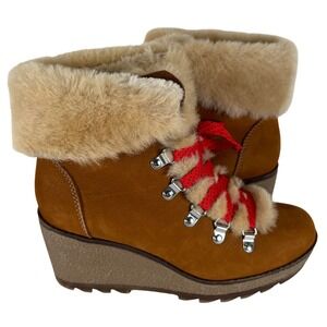 J Crew Wedge Ankle Boots Women Tan Suede Fur Lined Red Laces Size 7